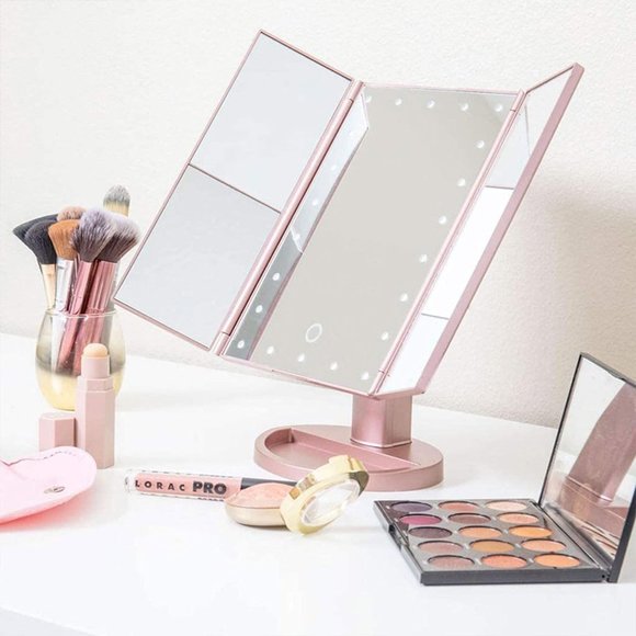 Tri-Fold Lighted Makeup Mirror 22 LED 1x 2x 3x Rose Gold USB Battery Operated - Picture 10 of 16